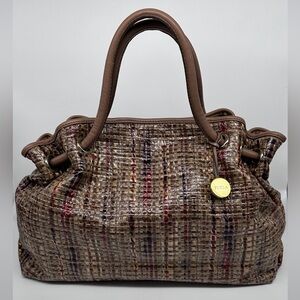 RARE Furla Large Shoulder Bag – Tweed & Coated Canvas with Leather Trim